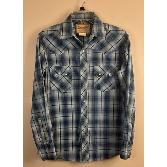 WRANGLER Plaid Pearl Snap Shirt Mens Medium Blue Western Cowboy Chest Pockets - Picture 1 of 10